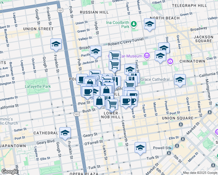 map of restaurants, bars, coffee shops, grocery stores, and more near 1398 California Street in San Francisco
