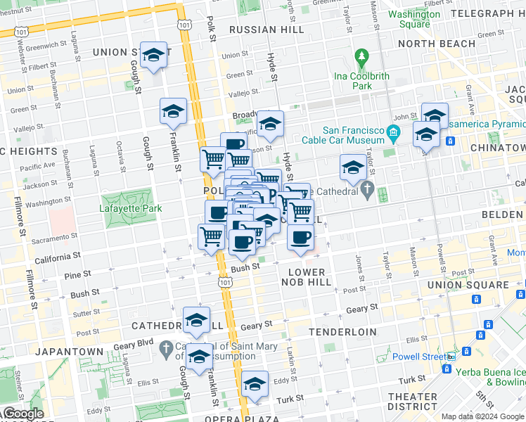 map of restaurants, bars, coffee shops, grocery stores, and more near 1574 California Street in San Francisco