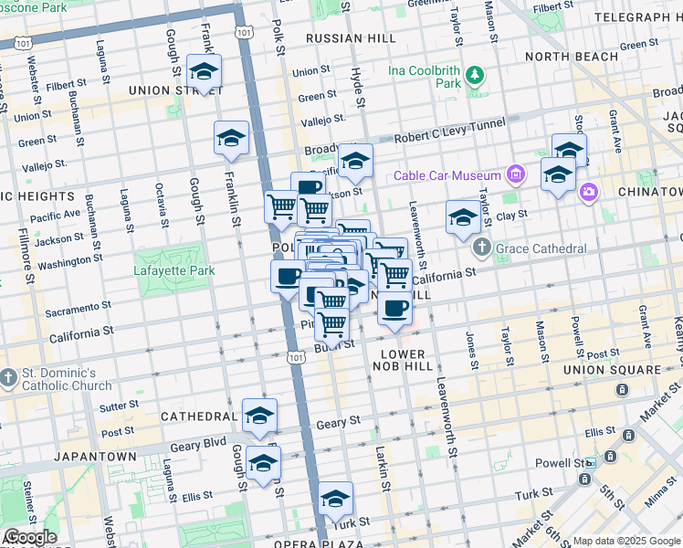 map of restaurants, bars, coffee shops, grocery stores, and more near 1574 California Street in San Francisco
