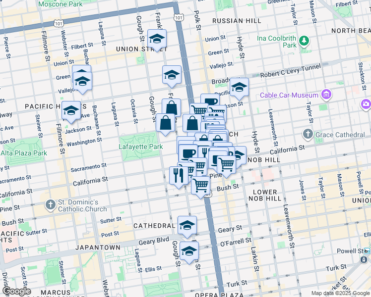 map of restaurants, bars, coffee shops, grocery stores, and more near 1700 Franklin Street in San Francisco