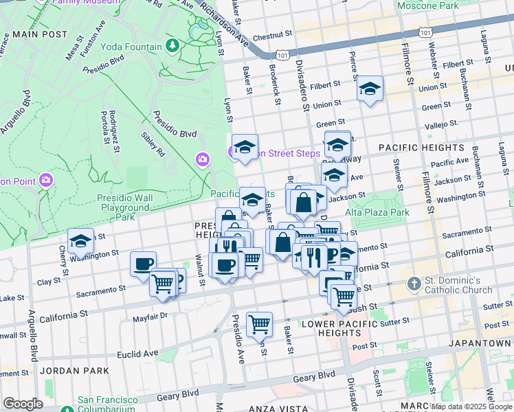 map of restaurants, bars, coffee shops, grocery stores, and more near 3011 Jackson Street in San Francisco