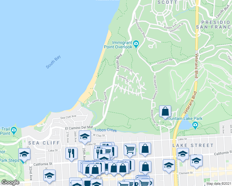 map of restaurants, bars, coffee shops, grocery stores, and more near 1713 Baker Court in San Francisco
