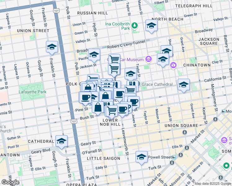 map of restaurants, bars, coffee shops, grocery stores, and more near 1398 California Street in San Francisco