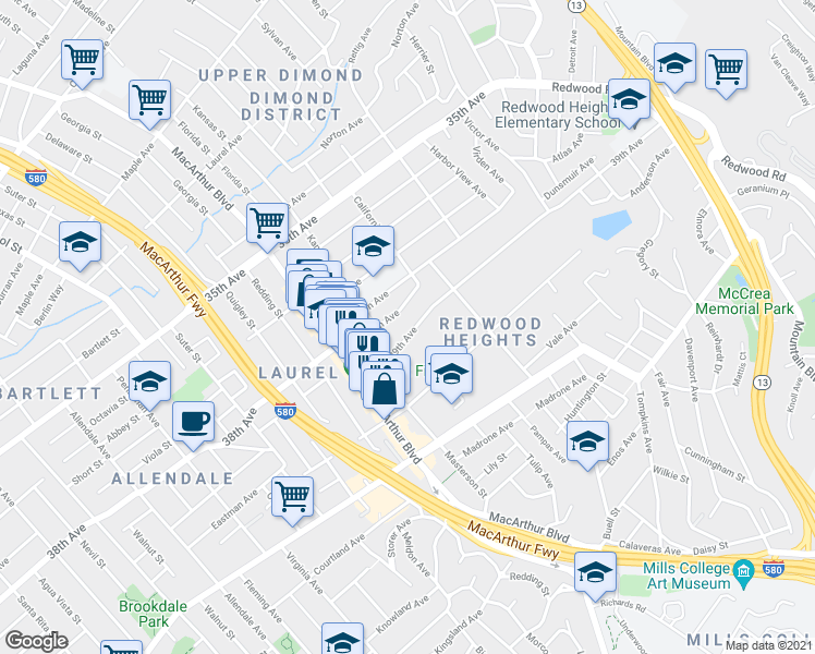 map of restaurants, bars, coffee shops, grocery stores, and more near 3763 39th Avenue in Oakland