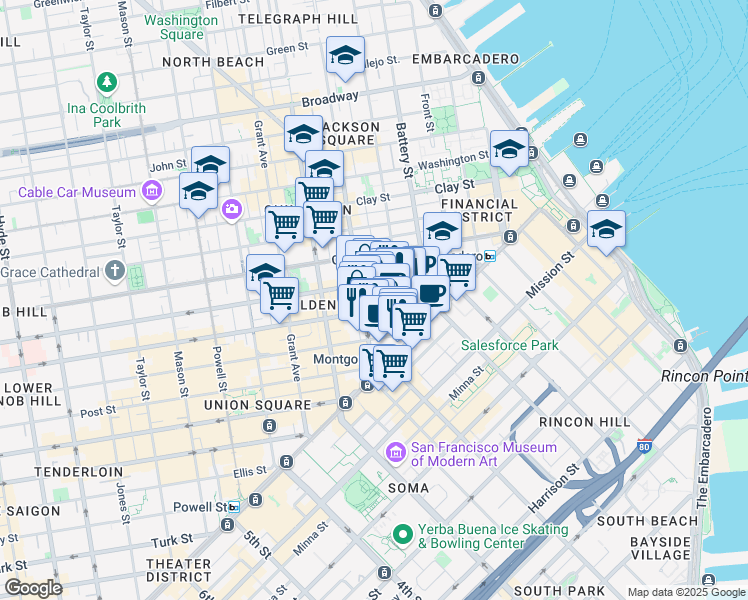 map of restaurants, bars, coffee shops, grocery stores, and more near 220 Montgomery Street in San Francisco