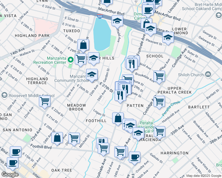 map of restaurants, bars, coffee shops, grocery stores, and more near 2700 26th Avenue in Oakland