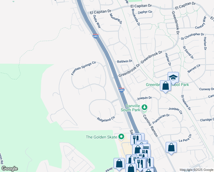 map of restaurants, bars, coffee shops, grocery stores, and more near 1300 Fountain Springs Cir in Danville