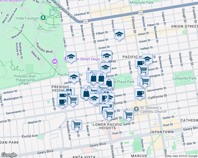 map of restaurants, bars, coffee shops, grocery stores, and more near 2801 Jackson Street in San Francisco