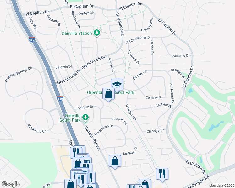 map of restaurants, bars, coffee shops, grocery stores, and more near 1475 Harlan Drive in Danville