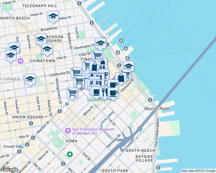 map of restaurants, bars, coffee shops, grocery stores, and more near 201 Mission Street in San Francisco