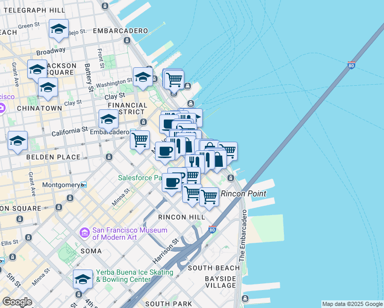 map of restaurants, bars, coffee shops, grocery stores, and more near 201 Spear Street in San Francisco