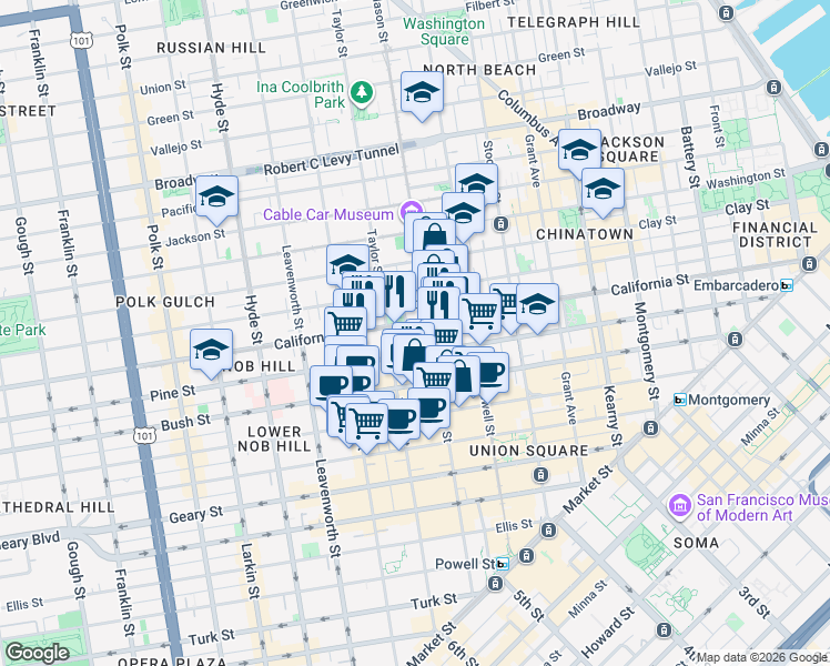 map of restaurants, bars, coffee shops, grocery stores, and more near 1045 California Street in San Francisco