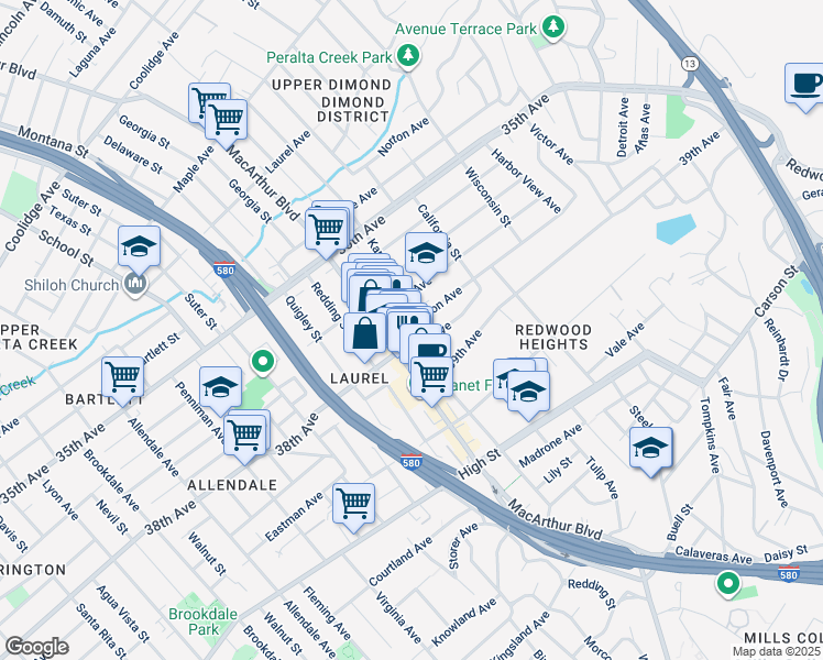 map of restaurants, bars, coffee shops, grocery stores, and more near 3830 MacArthur Boulevard in Oakland