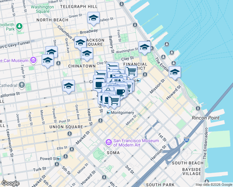 map of restaurants, bars, coffee shops, grocery stores, and more near 112 Bush Street in San Francisco