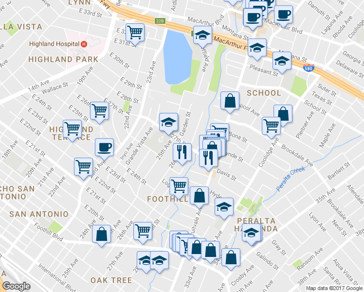 map of restaurants, bars, coffee shops, grocery stores, and more near 2547 East 27th Street in Oakland