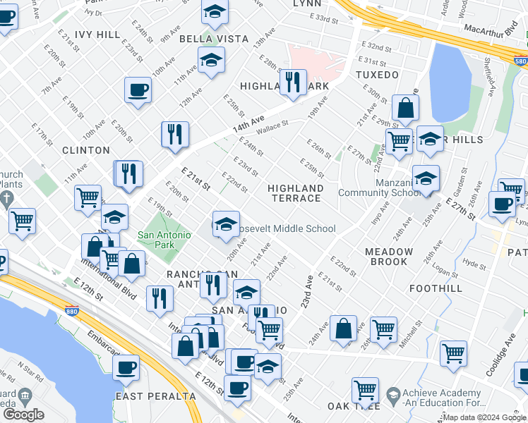 map of restaurants, bars, coffee shops, grocery stores, and more near in Oakland
