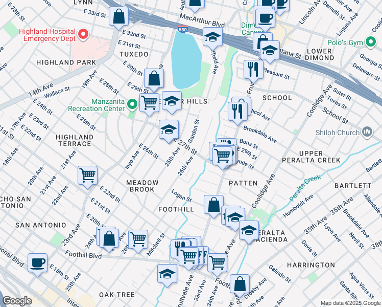 map of restaurants, bars, coffee shops, grocery stores, and more near 2547 East 27th Street in Oakland