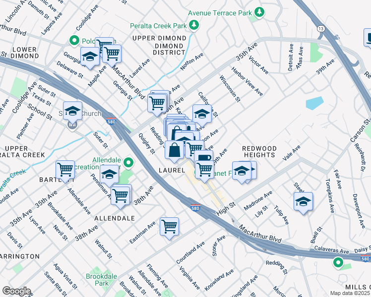 map of restaurants, bars, coffee shops, grocery stores, and more near 3822 Redding Street in Oakland