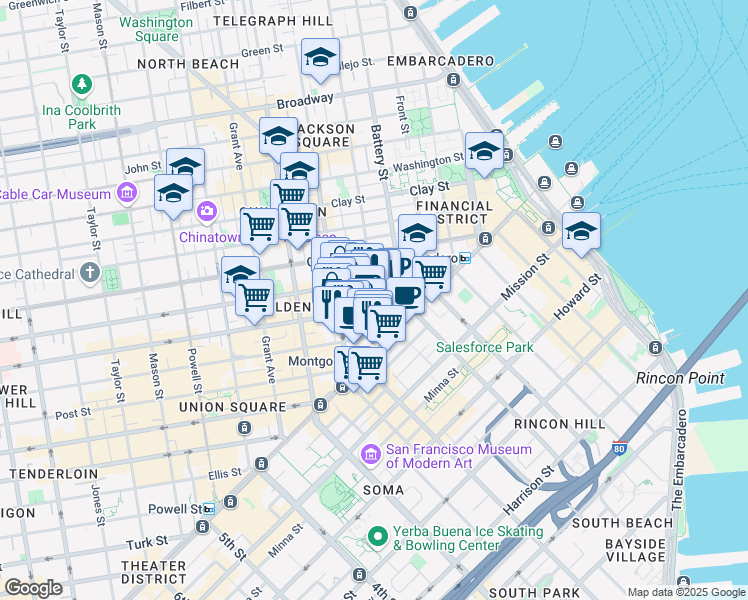 map of restaurants, bars, coffee shops, grocery stores, and more near 115 Sansome Street in San Francisco