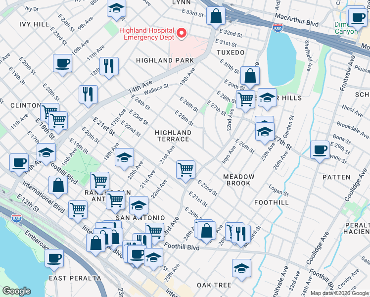 map of restaurants, bars, coffee shops, grocery stores, and more near 2134 East 23rd Street in Oakland