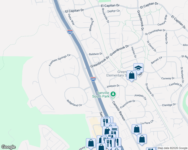 map of restaurants, bars, coffee shops, grocery stores, and more near 1720 Camino Ramon in Danville