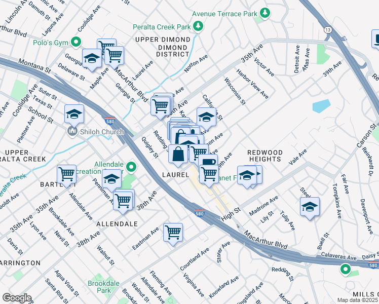 map of restaurants, bars, coffee shops, grocery stores, and more near 3830 MacArthur Boulevard in Oakland