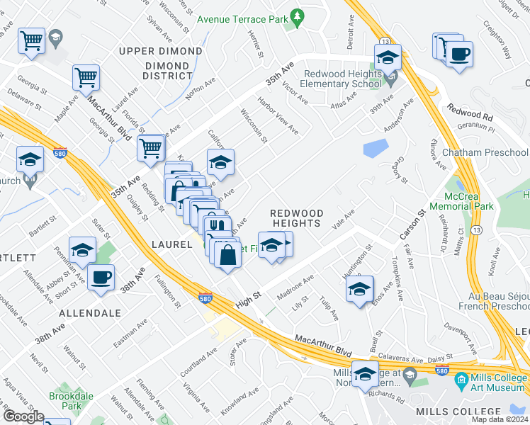 map of restaurants, bars, coffee shops, grocery stores, and more near 3764 39th Avenue in Oakland
