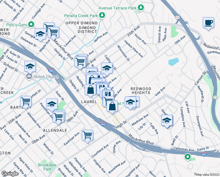 map of restaurants, bars, coffee shops, grocery stores, and more near 4016 Kansas Street in Oakland