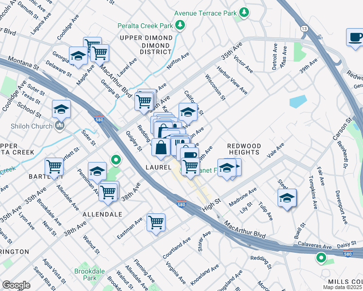 map of restaurants, bars, coffee shops, grocery stores, and more near 3830 MacArthur Boulevard in Oakland