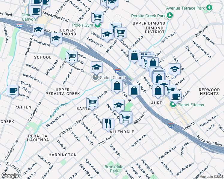 map of restaurants, bars, coffee shops, grocery stores, and more near 3032 Bartlett Street in Oakland