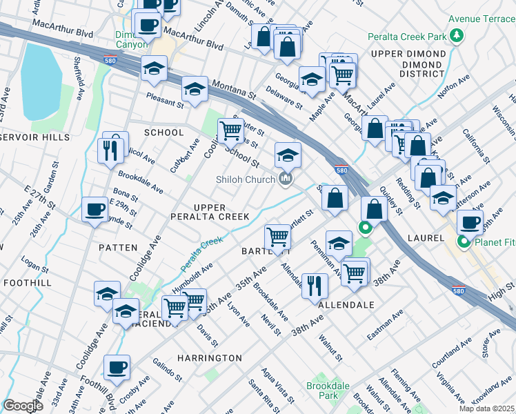 map of restaurants, bars, coffee shops, grocery stores, and more near 2737 Humboldt Avenue in Oakland