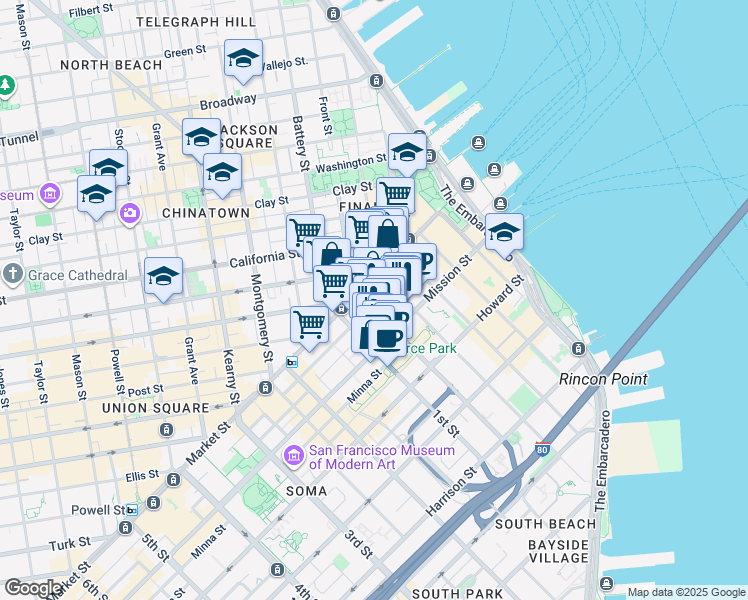 map of restaurants, bars, coffee shops, grocery stores, and more near 99 Fremont Street in San Francisco