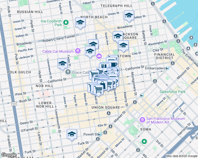 map of restaurants, bars, coffee shops, grocery stores, and more near 701 Pine Street in San Francisco