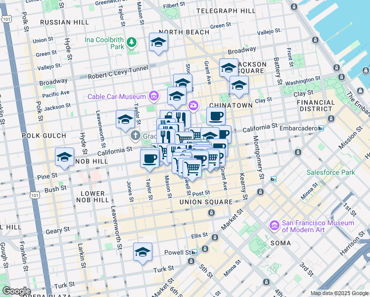 map of restaurants, bars, coffee shops, grocery stores, and more near in San Francisco
