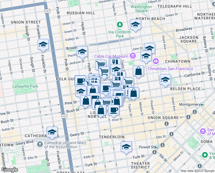 map of restaurants, bars, coffee shops, grocery stores, and more near 1255 California Street in San Francisco