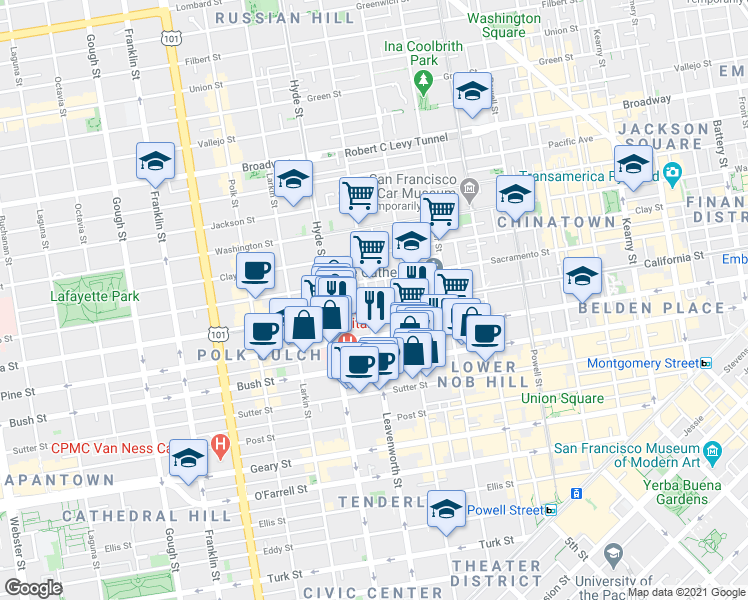 map of restaurants, bars, coffee shops, grocery stores, and more near in San Francisco