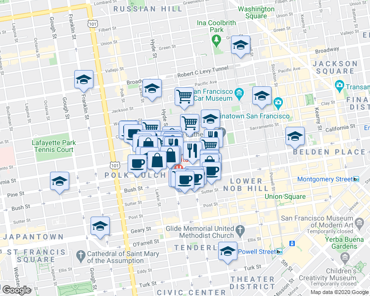 map of restaurants, bars, coffee shops, grocery stores, and more near 1398 California Street in San Francisco