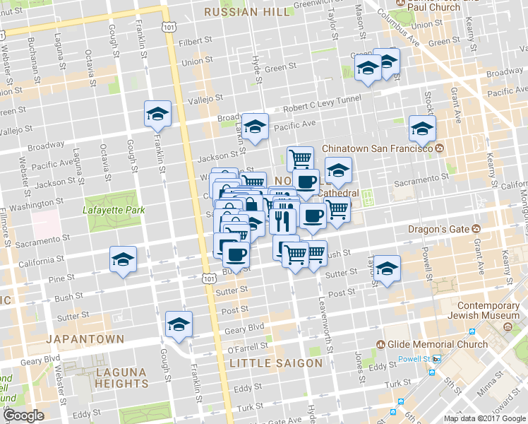 map of restaurants, bars, coffee shops, grocery stores, and more near in San Francisco