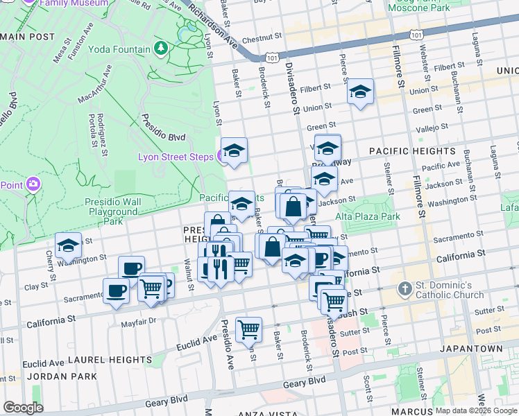 map of restaurants, bars, coffee shops, grocery stores, and more near 3011 Jackson Street in San Francisco