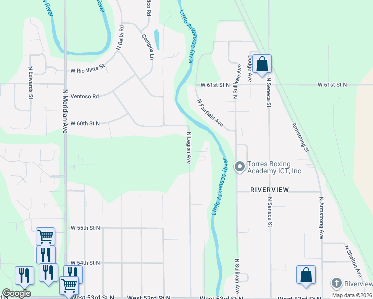 map of restaurants, bars, coffee shops, grocery stores, and more near 5915 Legion St in Wichita