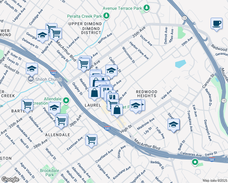 map of restaurants, bars, coffee shops, grocery stores, and more near 3950 Kansas Street in Oakland