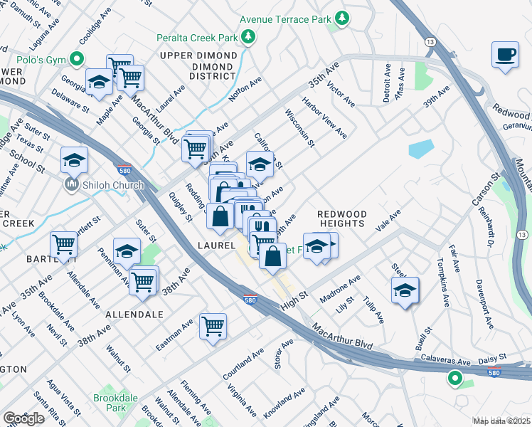 map of restaurants, bars, coffee shops, grocery stores, and more near 3950 Kansas Street in Oakland