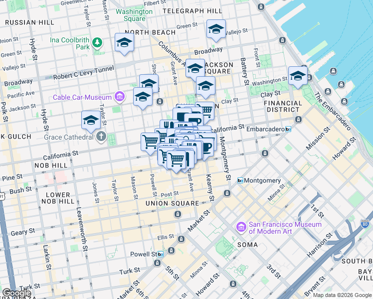 map of restaurants, bars, coffee shops, grocery stores, and more near Pine St & Grant Ave in San Francisco