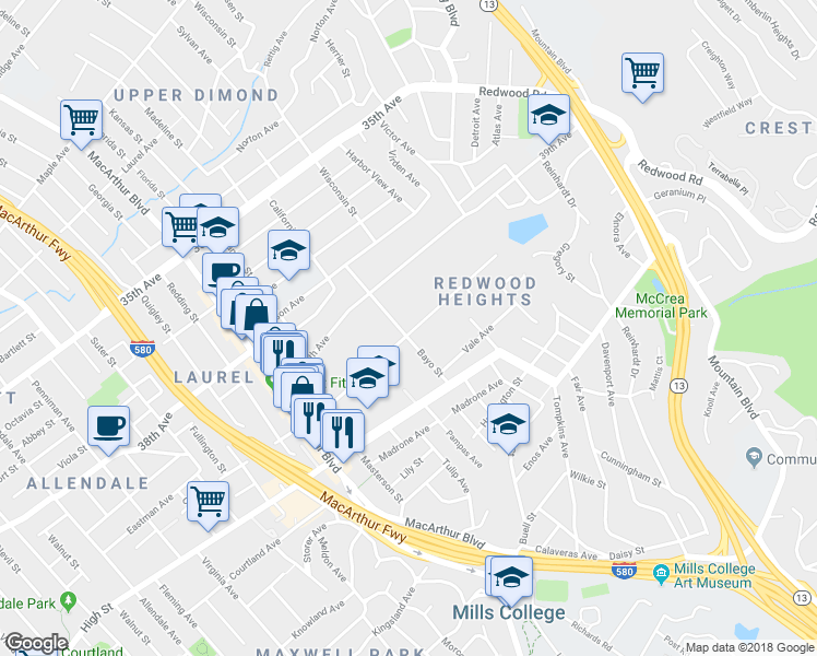 map of restaurants, bars, coffee shops, grocery stores, and more near 3911 Maybelle Avenue in Oakland