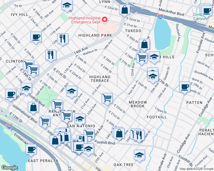map of restaurants, bars, coffee shops, grocery stores, and more near 2134 East 23rd Street in Oakland