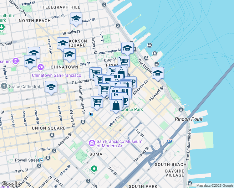 map of restaurants, bars, coffee shops, grocery stores, and more near 333 Market Street in San Francisco
