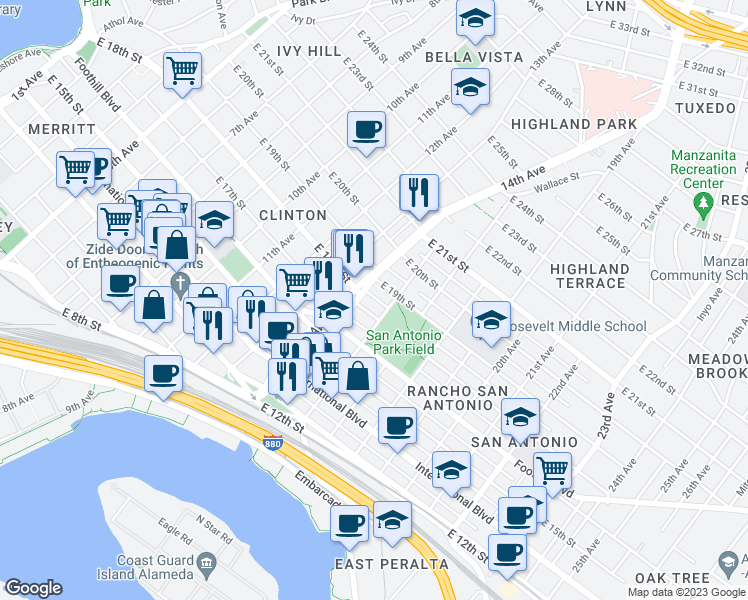 map of restaurants, bars, coffee shops, grocery stores, and more near 1519 Commerce Way in Oakland