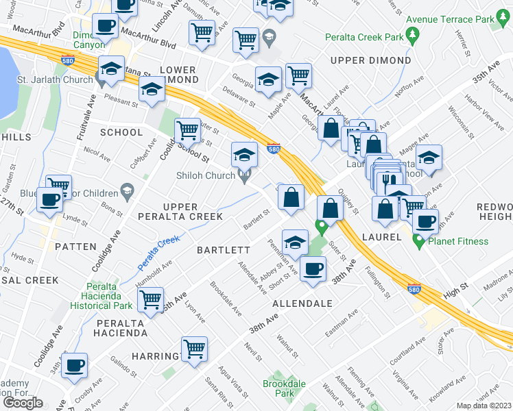 map of restaurants, bars, coffee shops, grocery stores, and more near 3026 Humboldt Avenue in Oakland
