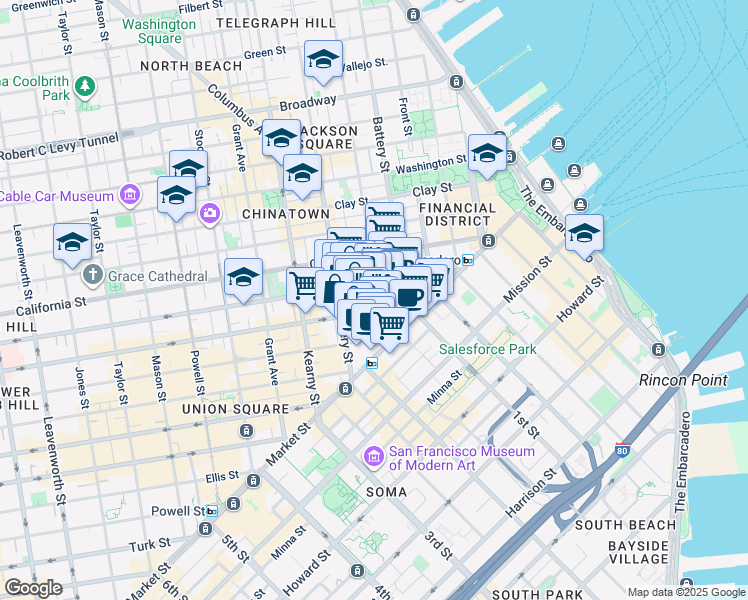 map of restaurants, bars, coffee shops, grocery stores, and more near 180 Montgomery Street in San Francisco