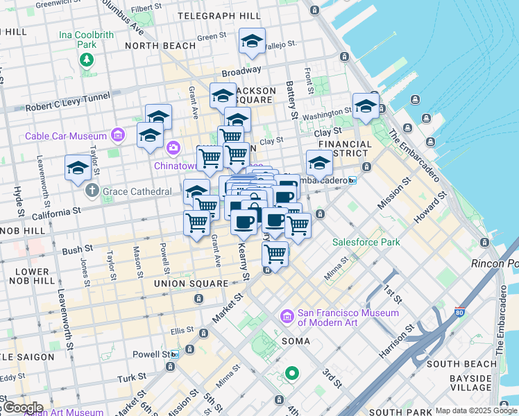 map of restaurants, bars, coffee shops, grocery stores, and more near 235 Montgomery Street in San Francisco